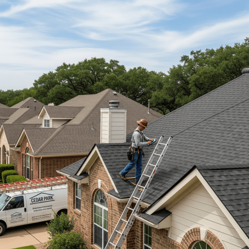 Cedar Park roofing inspector conducting a detailed roof inspection on a home in Texas