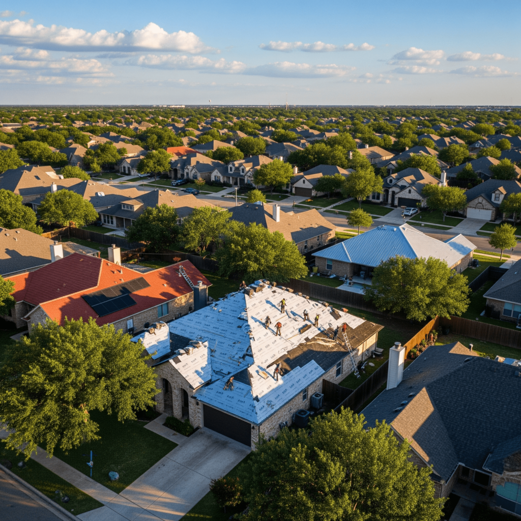 Cedar Park roofing company crew replacing a roof on a two-story home in Texas